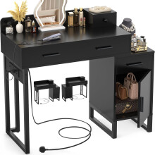 iSunirm Black Dressing Table No Mirror, 90 cm Vanity Desk with 4 Drawers, Charging Station & Reversible Cabinet