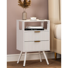 JERX Wooden Bedside Table, Nightstand with 2 Storage Drawer and Open Shelf Modern Bedside Cabinet for Bedroom,White
