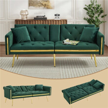 (Green, Velvet) Space-Saving 2-Seater Sofa Bed with Gold Trim