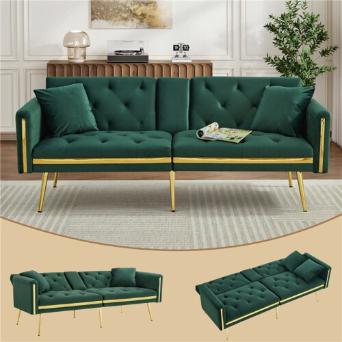 (Green, Velvet) Space-Saving 2-Seater Sofa Bed with Gold Trim