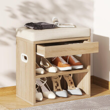 YMYNY Small Shoe Storage Bench with Cushion & Drawer, Light Natural HSC002R