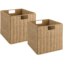 Vagusicc Wicker Storage Basket, Set of 2 Handwoven Wicker Basket for Storage, Foldable Storage Baskets Organizer Bins with Handles for Shelves