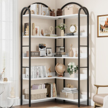 Crevyteg 68.5" Arched Industrial Corner Bookcase - 5-Tier Large Bookshelf with Wood Shelves and Metal Frame - Modern Storage Display for Home Office