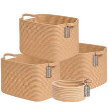 4pcs Cotton Rope Storage Basket Set (3 Medium + 1 Small) Woven Baskets with Handles for Living Room, Bedroom, Bathroom & Nursery â“ Honey
