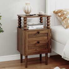JERX Wooden Bedside Table, Nightstand with Storage Drawer and Open Wood Shelf, for Living Room, Bedroom and Small Spaces Walnut Brown