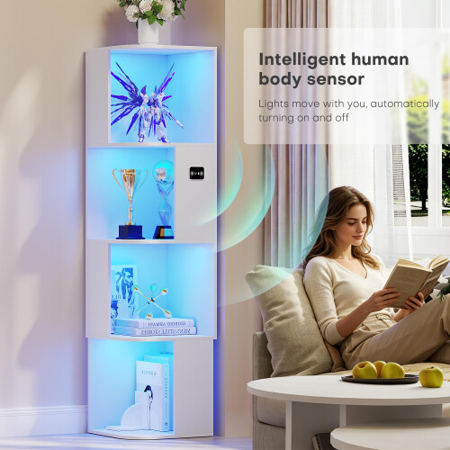 4-Tiers Corner Bookcase with 3 Color Lights Human Body Sensor for Study 1