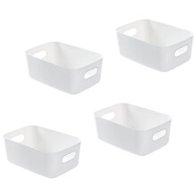 Bgfuni Set of 4 White Plastic Storage Baskets, Kitchen Cupboard Storage Tray, Bathroom Drawer with Handle for Stacking Kitchen, Bedroom, Office