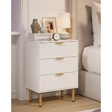 Apetaccat Bedside Table with 3 Drawers, Modern Bedside Cabniet with Metal Legs, Fluted Nightstand, Side Table for Bedroom, Living Room, Office, White