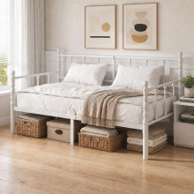 Apextella Home 3ft Single Bed Frame with Headboard,White Metal Day Bed Frame with Mattress Slide Stopper