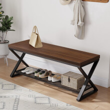 LVB Entryway Shoe Rack with Storage, Wood and Metal Indoor Bench for Entrance, Long Wooden Hallway Bench with Seating for Living Room