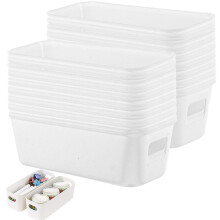 MUXHEL 18 Pack Small Storage Baskets 22x9x6.5cm White Plastic Storage Box with Built-in Handles Narrow Small Plastic Storage Baskets for Shelves