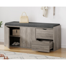 LVB 2-Tier Storage Bench with Padded Cushion, Entryway Shoe Bench with 2 Drawers, 2 Barn Doors & Adjustable Shelf, Industrial Style for Foyer