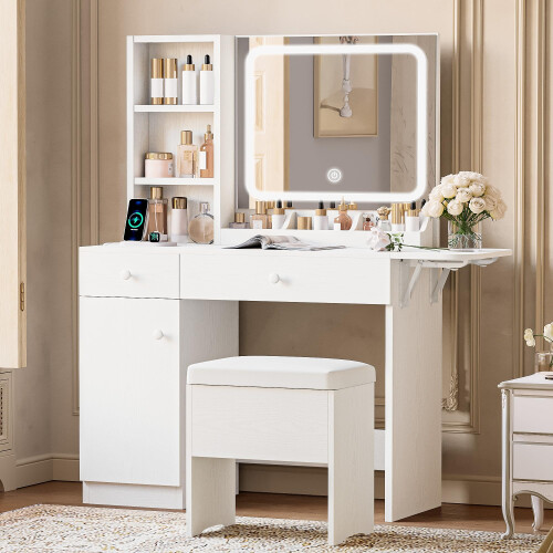 IRONCK Vanity Desk Set with LED Mirror & Stool, Charging Station, White