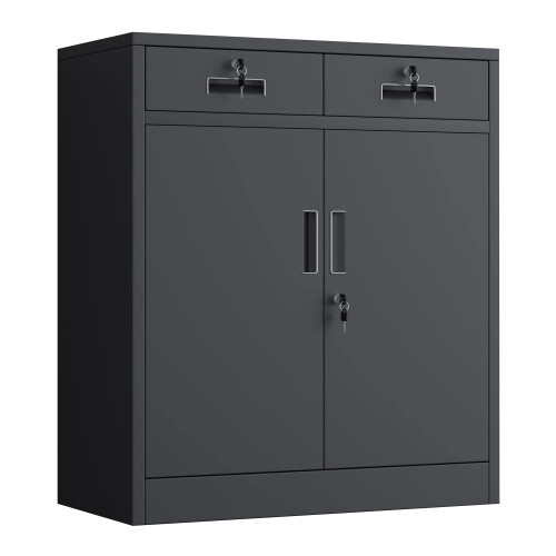 JINGUR Metal Storage Cupboard with Locking Doors and 2 Drawers (Black)