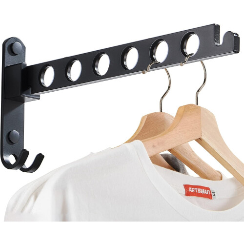 JOOM Foldable Wall Mounted Clothes Hanger Rack, Space Saving, Black