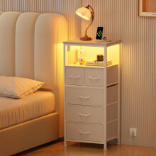 Flrrtenv Bedside Table with LED Light and Charging Station, Bedside Cabinet with 5 Fabric Drawers and Shelf, End Table with Plug for Bedroom