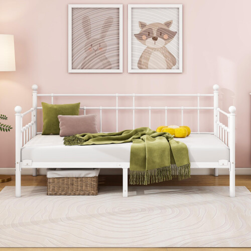 HOMERECOMMEND Single Daybed Frame 3ft Sofa Bed Steel Slats Platform,White