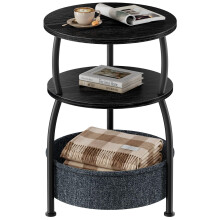 Yuede Side Table with Fabric Basket, Round End Table, 3 Tier Bedside Table, Coffee Table for Living Room, Bed Room, Modern, 40 x 61 cm, Black