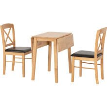 Seconique Mason Double Drop Leaf Dining Set with 2 Dining Chairs in Oak Varnish/Brown Pu
