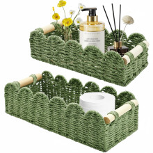 Yiomxhi 2 Pcs Wicker Storage Baskets, Woven Organizer Bins with Wooden Handles, Rope Scalloped Edge Toilet Paper Baskets for Bathroom, Shelf, Kitchen