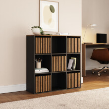 GFW Kube Cube 3x3 Storage Unit, Black & Walnut Effect Shelving Unit with Open & Hidden Storage
