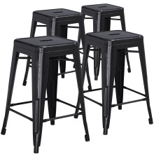 Flash Furniture Kai Commercial Grade 4 Pack 24" High Backless Distressed Black Metal Indoor-Outdoor Counter Height Stool