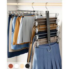 MORALVE Skirt Hangers Space Saving with Clips - 2 Pack - European Beechwood 5-Tier Hanger for Shorts, Skirts, and Trousers