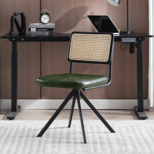 Zesthouse Rattan Desk Chair No Wheels, Mid Century Modern Home Office Chair with Cane Mesh & Wooden Back, Vintage Faux Leather Swivel Accent Chair