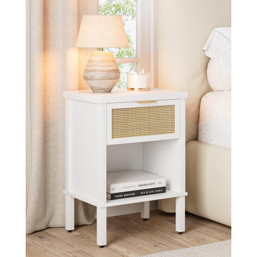 Apetaccat Rattan Bedside Table, Side Table with Open Storage Shelf, White