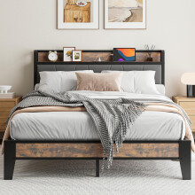 IRONCK Double Bed Frame with Storage Shelf Upholstered Headboard, Platform Bed Frame with Charging Station, Metal Bed Frame/UnderBed Storage, Enhanced