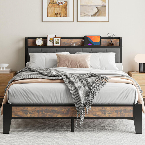 IRONCK Double Bed Frame with Storage Shelf Upholstered Headboard, Platform Bed Frame with Charging Station, Metal Bed Frame/UnderBed Storage