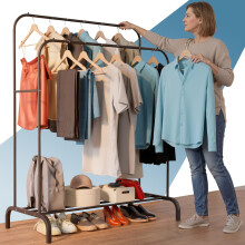 PORTENTUM Heavy duty clothes rail in steel â“ up to 35 kg â“ with double rail and shoe shelf â“ Clothing rack with non-slip feet