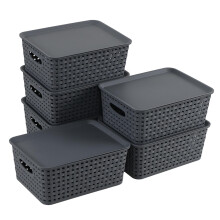 Jnktka Set of 6 Plastic Kitchen Cupboard Storage Baskets with Lids, Gray