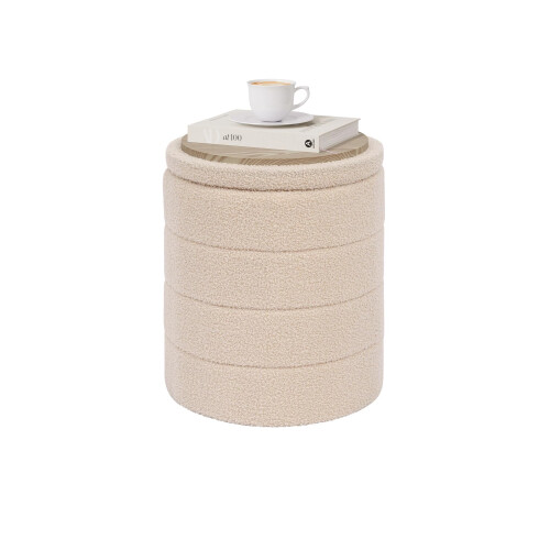 PINPLUS Round Ottoman Storage, Convertible Table, Beige, 37x37x45 cm