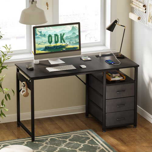 ODK Computer Desk with Drawers, 120cm Office Desk with Sockets, Black 1