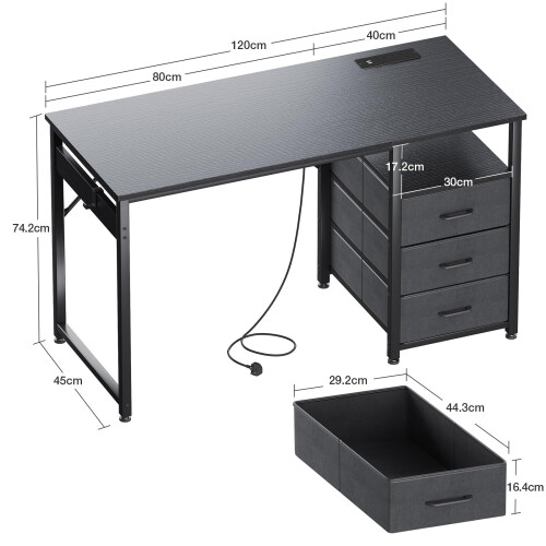 ODK Computer Desk with Drawers, 120cm Office Desk with Sockets, Black 2