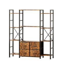 VERMESS 122W x142H cm Triple Book Shelf, 4 Tier Industrial Bookshelf for Home & Office, 47" Wide Large Shelving Unit with 4 Adjustable Fabric Drawers
