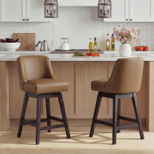 Bar Stools Set of 2, 360Â Swivel Upholstered Counter Stools with Back, Wooden Frame Kitchen Bar Chairs with Nailhead Trim