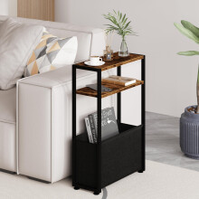 JERX Narrow Side Table with Fabric Basket, End Table for Small Spaces, Slim Side Table with Magazine Rack for Living Room Office Bedroom and Bathroom