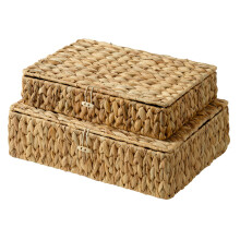 StorageWorks Wicker Basket with Lid, Flat Wicker Storage Boxes with Lids, Decorative Storage Boxes with Lids, Water Hyacinth Baskets for Organising