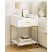 HEYZOEY Bedside Table, 3-Tier Bedside Cabinet with Storage Drawer and Open Shelf, Small End Side Table with Gold Legs for Bedroom, Living Room