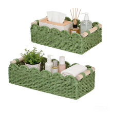 2Pcs Wicker Storage Baskets, Handwoven Organiser Boxes with Wooden Handles, Versatile Woven Bins for Bathroom, Kitchen, Pantry