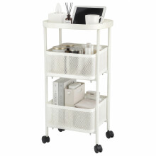 PLSOPPKG 3 Tier Rolling Cart, Metal Utility Storage Carts with Wheels, Craft Cart Organizer, Mesh Basket for Bedside Kitchen Office Art, Milky White