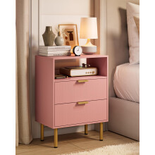 Apetaccat Bedside Table with 2 Drawers, Modern Bedside Cabniet with Metal Legs, Fluted Nightstand, Side Table for Bedroom, Living Room, Office, Pink