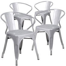 Flash Furniture Roy Commercial Grade 4 Pack Silver Metal Indoor-Outdoor Chair with Arms