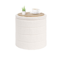 PINPLUS Round Ottoman Storage, Convertible Table, Cream White, 43x43x45 cm