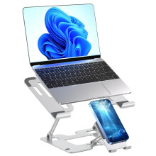 Omana Ergonomic 2-in-1 Laptop Stand with Phone Holder for Desk, Adjustable Riser, Sturdy and Portable, Fits All Laptops and Phone (Silver)