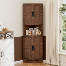 BonVache 165cm Tall Corner Storage Cabinet with Barn Doors, 5-Tier Tall Cupboards Cabinet for Living Room, 4 Wooden Doors and 5 Shelves