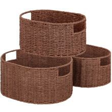 Vagusicc Wicker Basket, Set of 3 Woven Wicker Storage Baskets with Handles, Round Paper Rope Storage Boxes Bin Organizer for Bathroom Shelves Closet