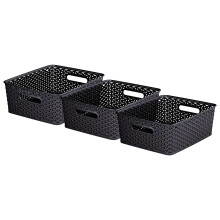 Curver My Style Rattan Effect Set of 3 Kitchen, Living room, Bathroom, Bedroom, Utility Medium Rectangular Storage Baskets 12 Litres - Anthracite
